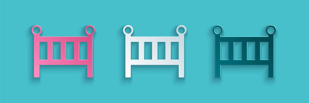 剪纸婴儿婴儿摇篮床图标孤立在蓝色背景。纸艺术风格。向量图片下载