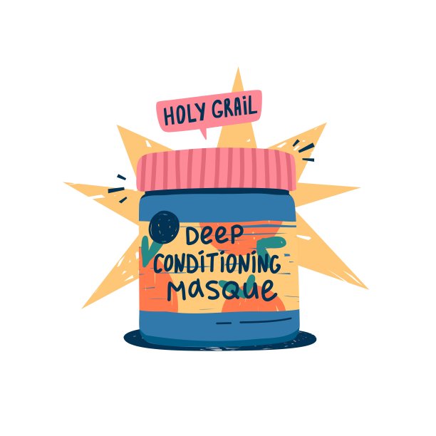 卷发化妆品的插图。大女孩的方法。卷发护理瓶。深层护发素面膜，滋润头发。涂鸦风格。向量图片下载