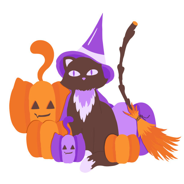 南瓜猫和橘紫色扫帚。图片下载