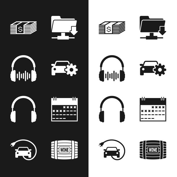 设置汽车服务，耳机和声波，纸币美元现金，FTP文件夹下载，耳机和日历图标。向量图片下载