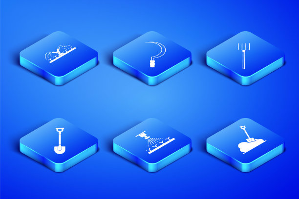 设置铲在地上，自动灌溉喷头，花园铲，镰刀和干草叉图标。向量图片下载