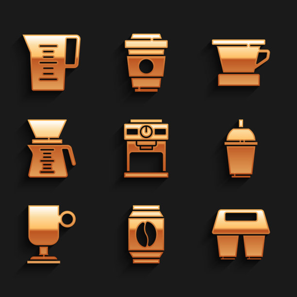 设置咖啡机，袋咖啡豆，杯子去，爱尔兰，倒在制造商，V60和水壶玻璃水图标。向量图片下载