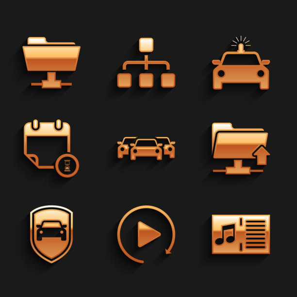 设置汽车，视频播放按钮，音乐书与笔记，FTP文件夹上传，保护或保险，日历和时钟图标。向量图片下载