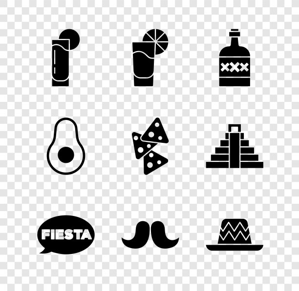设置龙舌兰杯柠檬，瓶，嘉年华，胡子，墨西哥帽，鳄梨水果和玉米片图标。向量图片下载