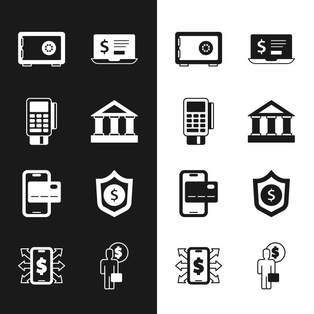 设置银行大楼，POS终端与信用卡，安全，笔记本美元，手机银行，盾牌，商人计划头脑和智能手机图标。向量图片下载
