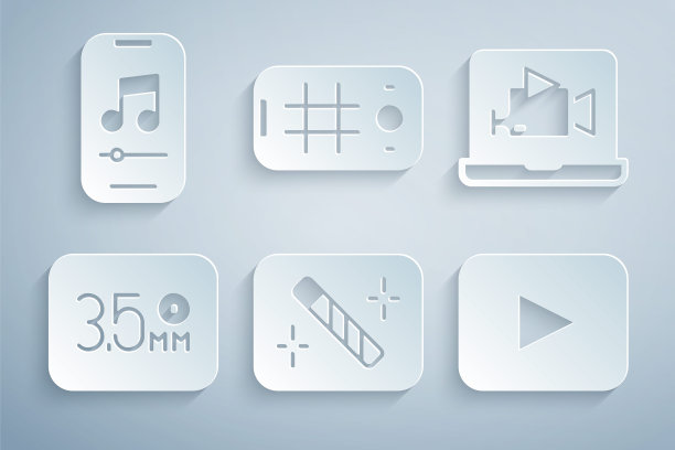 设置照片修饰，在线播放视频，音频插孔，播放按钮，自拍手机和音乐播放器图标。向量图片下载
