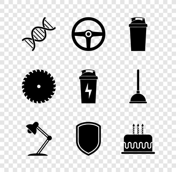 设置DNA符号，方向盘，健身摇壶，台灯，盾牌和蛋糕与燃烧的蜡烛图标。向量图片下载