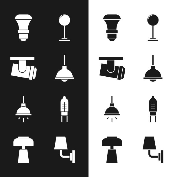 吊灯，Led轨道灯和灯，Led灯泡，地板，吊灯，发光二极管，壁灯和桌子图标。向量图片下载