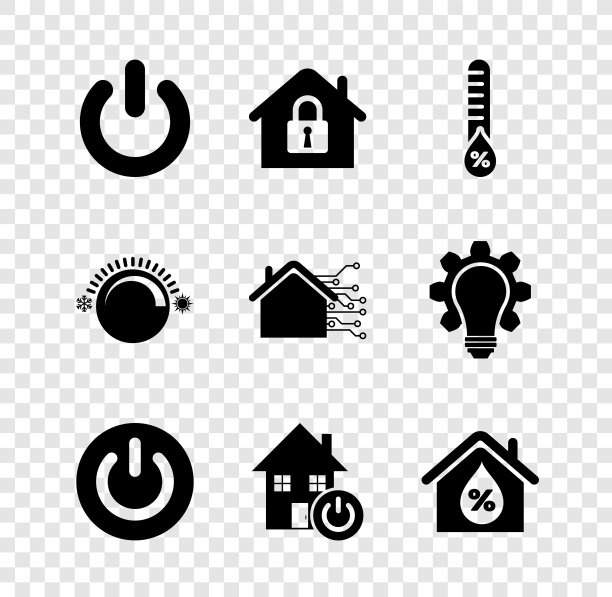 设置电源按钮，受保护房屋，湿度，智能家居，湿度，恒温器和图标。向量图片下载