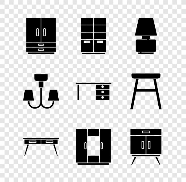 集合衣柜，台灯，办公室书桌，抽屉柜，吊灯和图标。向量图片下载