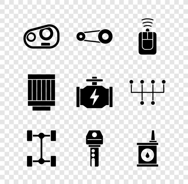 设置汽车前照灯，正时带套件，钥匙与遥控器，底盘汽车，汽油罐，空气过滤器和检查引擎图标。向量图片下载