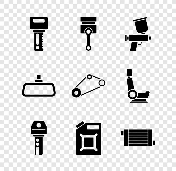 设置汽车钥匙与遥控器，发动机活塞，喷漆枪，汽油罐，散热器冷却系统，镜子和正时带套件图标。向量图片下载