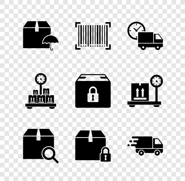 设置送货包雨伞，条形码，卡车和时钟，搜索，锁定，在运动，缩放纸箱和图标。向量图片下载