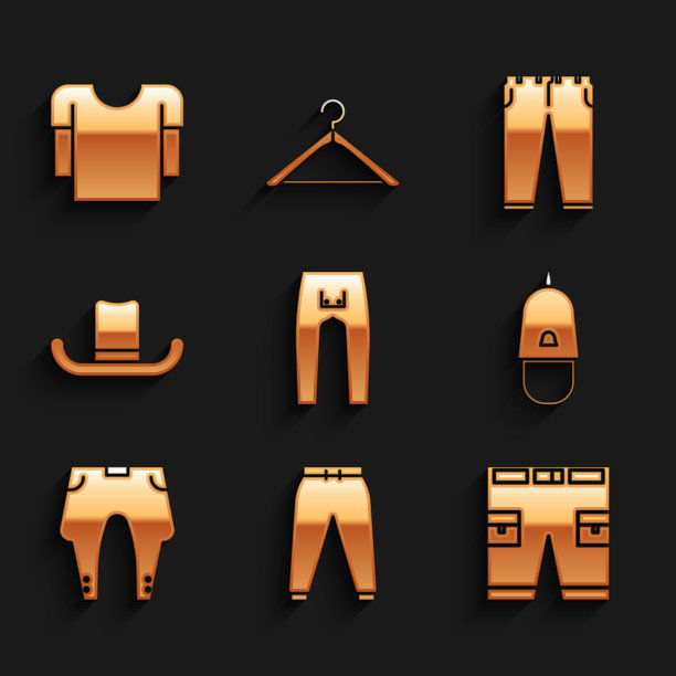 设置裤子，运动裤子，短，警察帽与帽舌，男人帽子，和长袖衬衫图标。向量图片下载