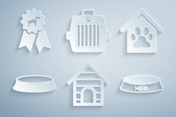 集狗屋，和爪印宠物，宠物食品碗，手提箱和奖品象征图标。向量图片下载