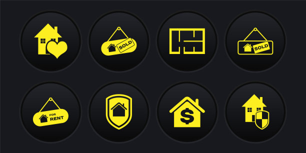 设置有出租，出售，受保护的房屋，美元，计划和心形图标的悬挂标志。向量图片下载