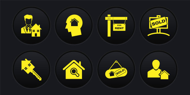 Set House with key, Hanging sign Sold, Search House, For Rent, Man dreaming about buying, Realtor and icon. Set House with key, Hanging sign Sold, Search House, For Rent, Man dreaming about buying, Realtor and icon。向量图片下载