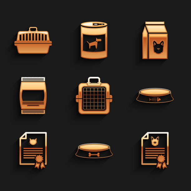 设置宠物手提箱，食物碗，证书的狗或猫，和袋的图标。向量图片下载