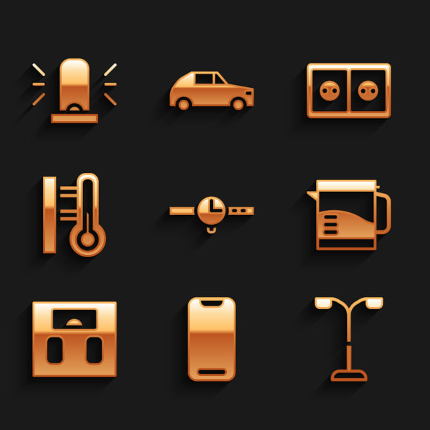 设置手表，智能手机，路灯，电热水壶，浴室秤，气象温度计，插座和闪光警报器图标。向量图片下载