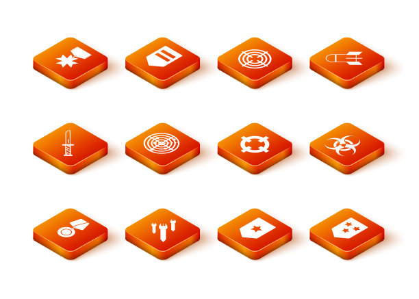 设置军事奖励奖章，火箭，刀，雷达目标，雪佛龙，目标运动，和生物危害标志图标。向量图片下载