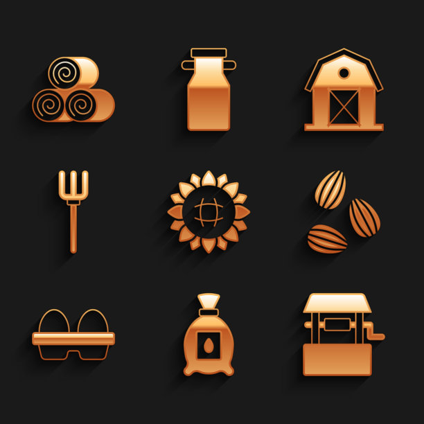 Set Sunflower, Pack full of seeds of plant, Well, seeds, Chicken egg in box, Garden pitchfork, Farm house and Roll hay icon.设置向日葵，装满种子的植物，种子，鸡蛋在盒子里，花园干草叉，农场房子和滚干草图标。向量图片下载