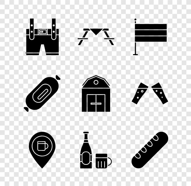 套皮短裤，野餐桌与长凳，国家德国国旗，酒精或啤酒酒吧位置，啤酒瓶和玻璃，法国法棍面包，腊肠和农场的图标。向量图片下载