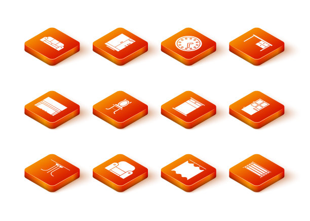 备有圆桌，扶手椅，大钢琴，椅子，窗帘，大床，抽屉柜和关门图标。向量图片下载