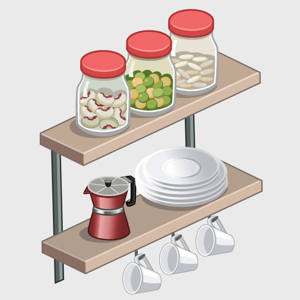搁板与厨房用具。在等距对象。可以用作标志，图标，对象，游戏艺术。矢量插图。图片下载