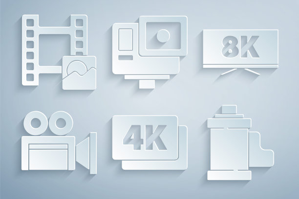 设置4k超高清，屏幕电视与8k，电影院相机，相机胶片卷墨盒，行动极端和播放视频图标。向量图片下载