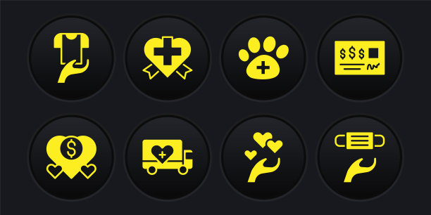 设置捐赠和慈善，银行支票，人道主义卡车，心在手中，兽医诊所，有十字，医疗防护口罩和衣服捐赠图标。向量图片下载