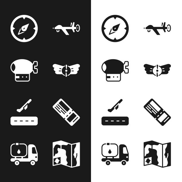 设置航空徽章，飞艇，指南针，无人机，飞机起飞，机票，世界旅行地图和油罐车图标。向量图片下载