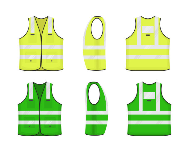 安全反光背心标志平面风格设计矢量插图集。图片下载