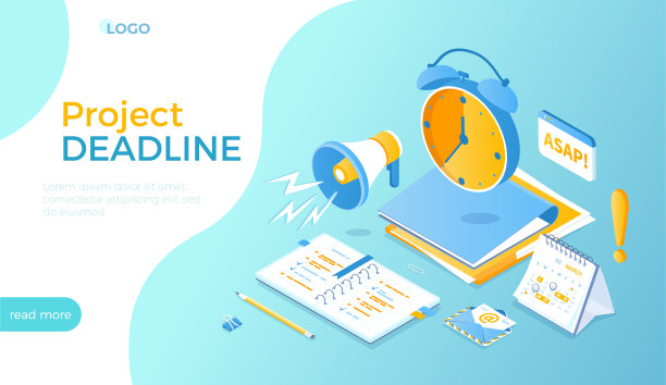 最后期限的概念。时间管理，有效的计划，富有成效的工作，成功的事业。热闹钟，喇叭，笔记本，日历。等距矢量插图的网站。图片下载