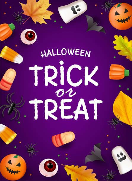 Trick or Treat海报，俯视图万圣节糖果派对背景糖果，眼球，蜘蛛，蝙蝠和南瓜。向量图片下载