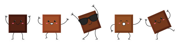 一块巧克力设定的人物卡通笑脸幸福甜蜜的情绪黑暗牛奶舞蹈动作美味的甜点矢量插图。图片下载