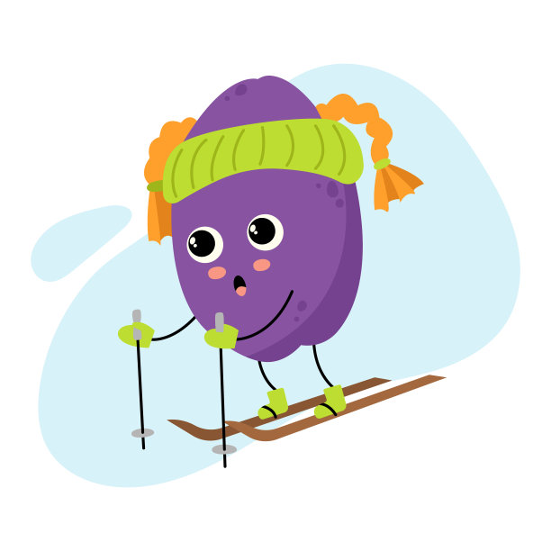 有趣的卡通人物梅子。冬天凉爽的卡哇伊水果或浆果。雪的乐趣和活动。滑雪。圣诞节或新年假期。为品牌、广告活动、节日包装设计快乐吉祥物图片下载