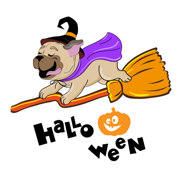 有趣的哈巴狗骑在女巫的扫帚上。万圣节的名片。矢量插图卡通动物旗帜图片下载