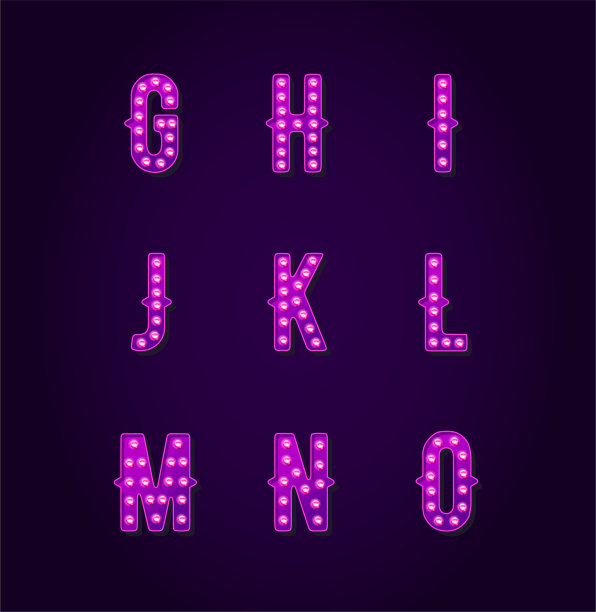 集赌场或百老汇标志风格。灯泡的字体。字母字母字符。图片下载