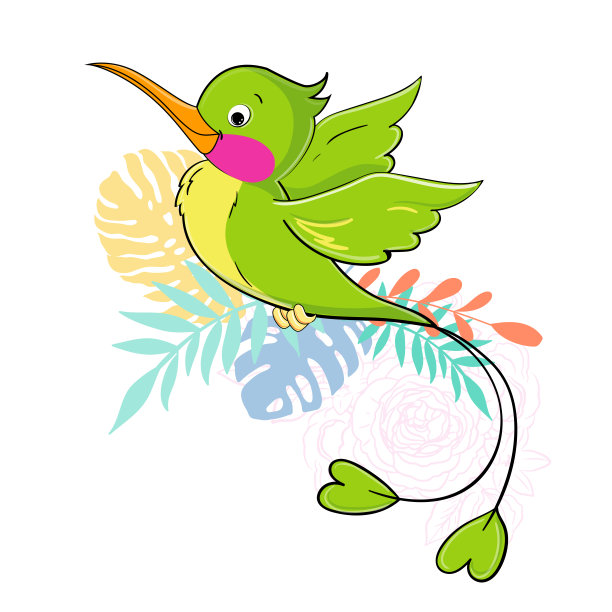 美丽的蜂鸟和热带树叶。向量卡通插图。动物有趣的夏天图片下载