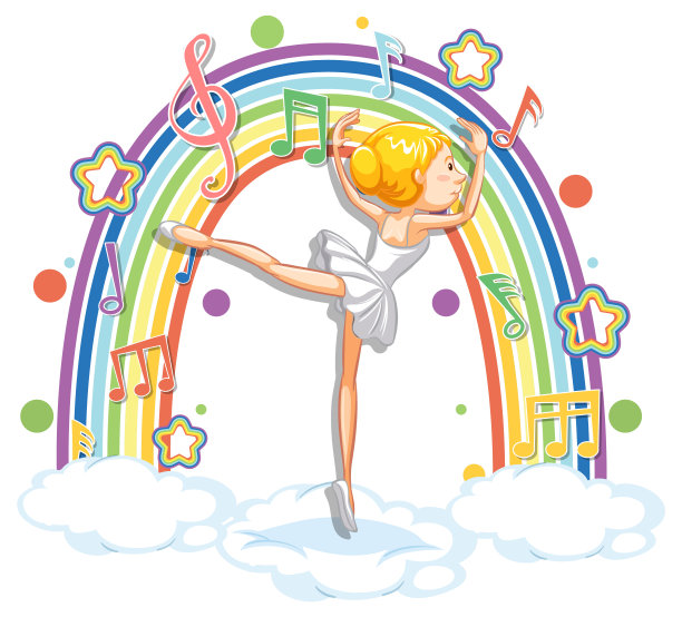 芭蕾舞女演员在云上跳舞，彩虹上有旋律符号图片下载