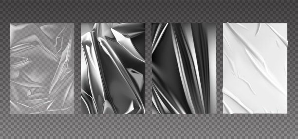 现实的塑料海报。3D纸和银箔纹理。方形皱白丝床单模型。有褶皱的光滑的页。豪华包装材料。矢量空白条幅集图片下载