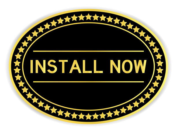 黑色和金色椭圆形标签贴纸与字安装现在在白色背景图片下载