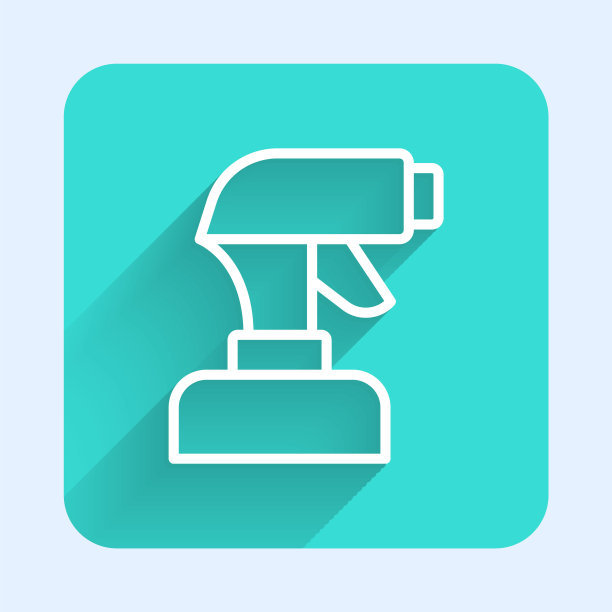 白线喷漆枪图标与长阴影背景隔离。绿色广场按钮。向量图片下载