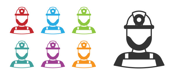 黑色矿工在一个头盔图标隔离在白色背景。设置图标丰富多彩。向量图片下载