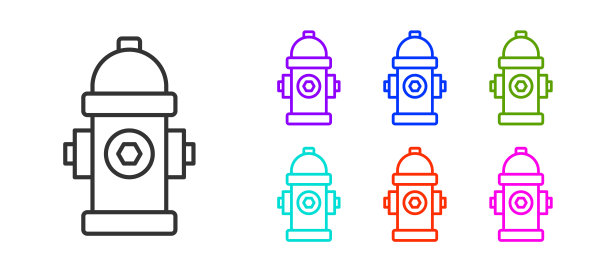 黑色线消防栓图标隔离在白色背景。设置图标丰富多彩。向量图片下载