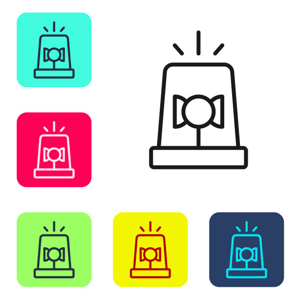 黑线闪光警报器图标隔离在白色背景。紧急闪光警报。在彩色方形按钮中设置图标。向量图片下载