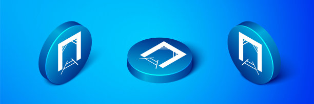 等距矿入口图标孤立在蓝色背景。蓝色圆按钮。向量图片下载