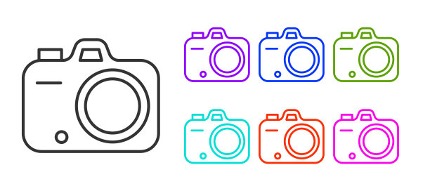 黑线照片相机图标孤立在白色背景。与相机。数码摄影。设置图标丰富多彩。向量图片下载