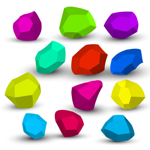 卡通的石头。岩石等距设置。五颜六色的巨石，天然的砌块形状，石墙。三维平面孤立插图。向量集合图片下载