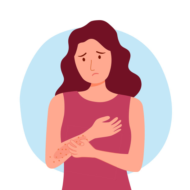 年轻女子正在抓挠手臂。女性在平面设计中遭受强烈的皮肤过敏瘙痒症状。红疹皮肤刺激。图片下载